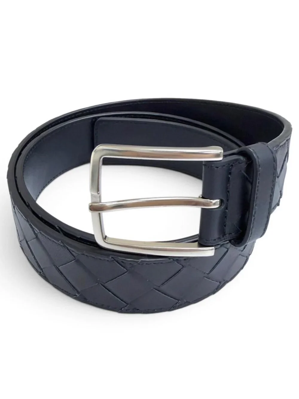 Bottega Veneta Intrecciato Leather Belt Navy Silver 95